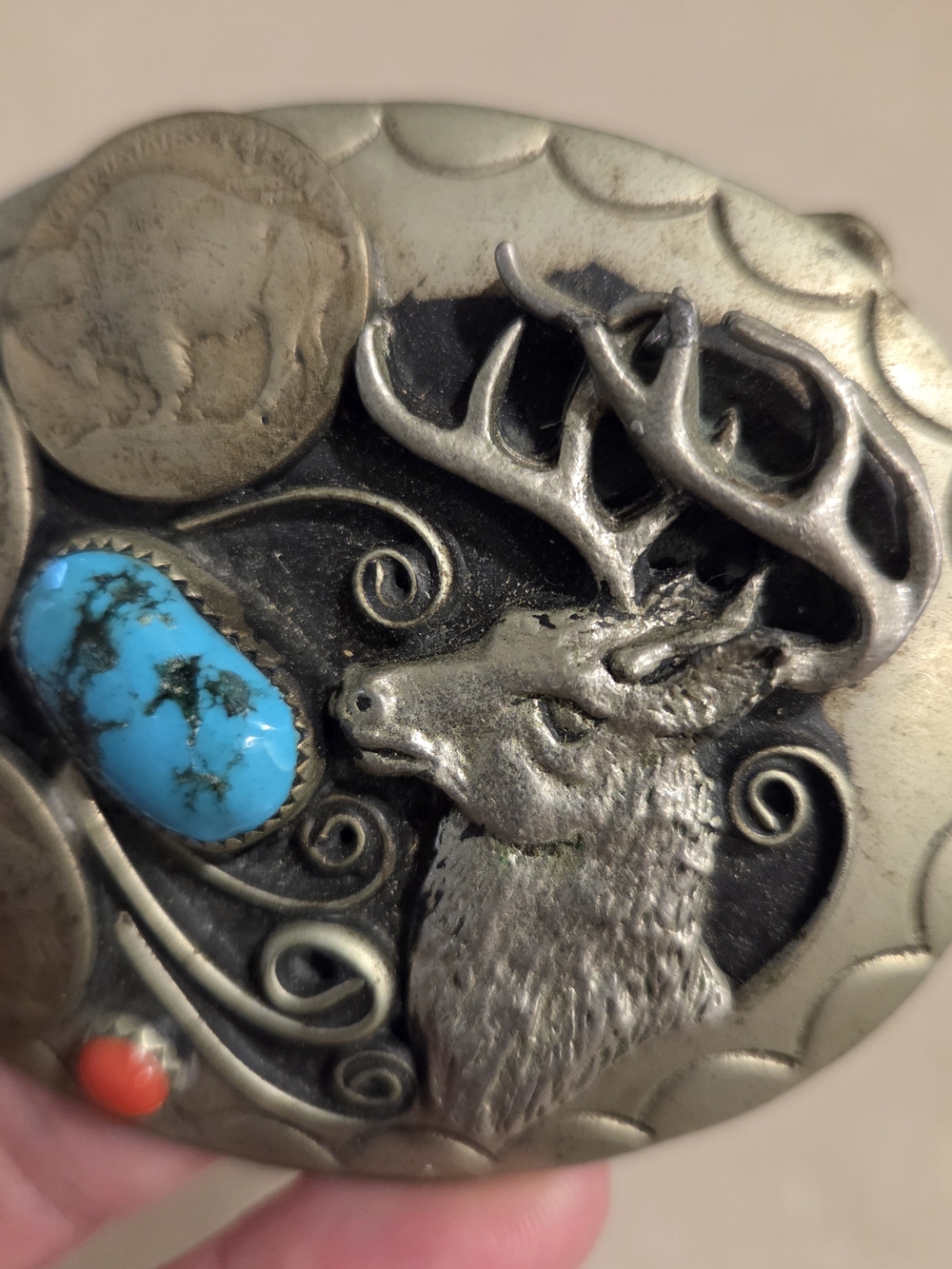 Vintage Navajo Silver Turquoise & Coral Belt Buckle By, Squaw Wrap - Picture 8 of 11
